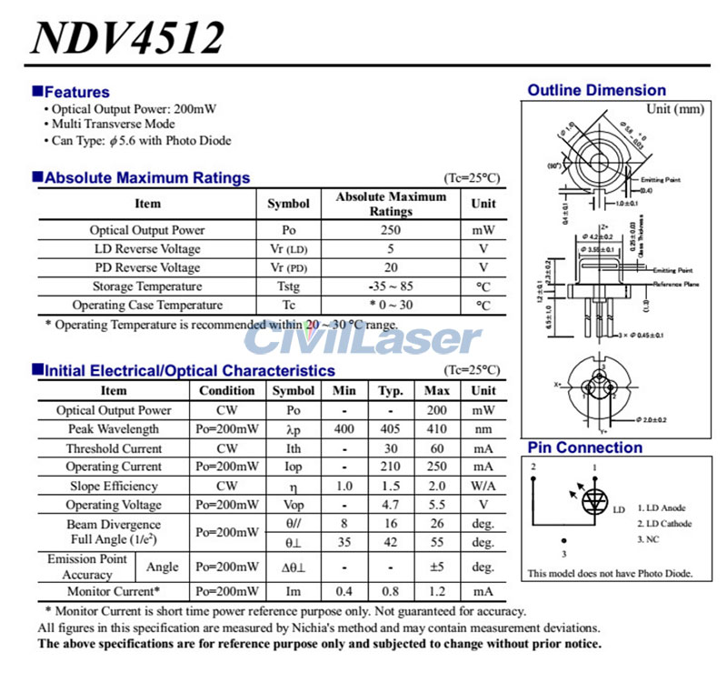 NICHIA 405nm 200mw NDV4512 blue violet Diodo láser